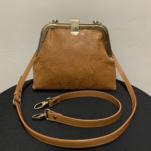 Handmade Genuine Leather Embossed Leaves Metal Push-lock Shoulder Bag/Crossbody